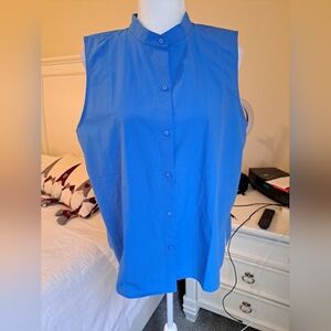 NWT Eileen Fisher Sleeveless Mandarin Collar Shirt Calypso Blue Size L